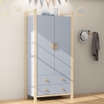 2-ukseline riidekapp, 2 sahtlit, sobib magamistuppa, elutuppa, esikusse, valmistatud puitlaastplaadist, sinine korpus + m&auml;nnipuidust raam, 90&times;45&times;180cm 90 x 45 x 180 cm