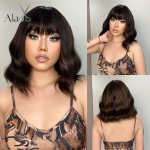 ALAN EATON L&uuml;hikesed, Must Pruunid Highlight Wave Parukad tukkidega S&uuml;nteetiline Bob Wig Kuumakindel kiud naistele Igap&auml;evased looduslikud juuksed 1% lisaalla