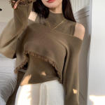 Naiste kaheosaline komplekt Raw Edge pikkade varrukatega ja poolkaelusega vestiga kootud kampsun One size kaamel