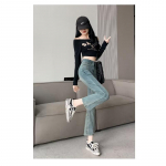 Micro Denim teksad Naiste l&uuml;hikese k&otilde;rgusega &otilde;hukesed &otilde;hukesed kevadel ja s&uuml;gisel k&otilde;rge v&ouml;&ouml;kohaga k&auml;rbitud p&uuml;ksid p&uuml;ksid laienevad p&uuml;ksid S