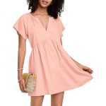 Naiste &uuml;hev&auml;rviline suvekleit l&uuml;hikeste varrukatega V-kaelusega n&ouml;&ouml;bitav vabaaja taskutega A-l&otilde;ikeline l&uuml;hike kleit L roosa
