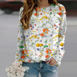 S&uuml;giss&uuml;gis naiste mood O kaelusega pikkade varrukatega T-s&auml;rk lahtised riided Rohelised lillelised seemikud T-s&auml;rk t&uuml;drukutele Street XS valge