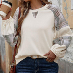 Naiste ruuduline kokkup&otilde;rget v&auml;rvi splicing &uuml;mara kaelusega pullover dressipluus, vaba vabaaja topp S aprikoosi