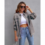 Long Raw Edge Hole Breaking Denim jope, naiste s&uuml;gis- ja talvised pikkade varrukatega vabaaja topid L helehall v&auml;rv