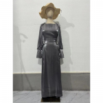 Euroopa ja Ameerika s&uuml;gise uue stiiliga laternavarrukatega pikkade varrukatega satiinist Slim-fit rihmakleit Pikk kleit naistele S h&otilde;bedane hall v&auml;rv