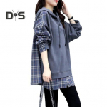 Kevads&uuml;gisene naiste kapuuts, ruuduline print, v&otilde;lts, kaheosaline keskmise pikkusega n&ouml;&ouml;r pikkade varrukatega pullover, igap&auml;evane koolispordi topp M tumesinine v&auml;rv