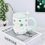 Cartoon Four Leaf Clover Ceramic Cup with Lid Spoon Small Gift Mug Girl High Value Water Cup Household Ins Cup 400ML