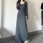 Ebaregulaarne Y2k pikk naiste kleit, k&otilde;rge v&ouml;&ouml;kohaga varrukatega, soliidsed p&otilde;hit&otilde;ed Elegantne Korea mood t&auml;navar&otilde;ivas, minimalistlik seksikas vintage M