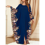 Ramadani lilleprinteris Crew Neck Kaftan, elegantne varrukatega varrukatega varrukatega l&otilde;hestatud makskleit, naiste riided One-size tumesinine v&auml;rv