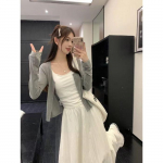 Naiste Suvine Valge Midi Seelik ja Kampsun Kolmeosaline Komplekt - Elegantne ja K&uuml;ps Stiil, Jumalanna Vibe, Pikkade Varrukatega Strap without Bra Pads