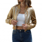 Naiste metallik varsity pesapallijakk lukuga pikkade varrukatega l&uuml;hike mantel vabaaja s&uuml;gis-talvine &uuml;leriie S kuldne