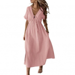Naiste kleit V-kaelusega paeltega l&uuml;hikeste varrukatega k&otilde;rge v&ouml;&ouml;kohaga midi kleit &uuml;hev&auml;rviline voolava &auml;&auml;rega vabaajakleit igap&auml;evaseks kandmiseks XL roosa