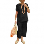 Puuvillane linane kaheosaline puhkekomplekt naistele, lahtise V-kaelusega l&uuml;hikeste varrukatega top, sobivad laiad p&uuml;ksid, suvine vabaaja riietus 3XL must