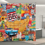 Veekindel pol&uuml;esterkangast du&scaron;ikardina komplekt 12 plastkonksuga Kodukaunistus vannikardinad USA Route 66 m&auml;rk 72X78 tolli 150x180cm