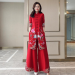 Hiina Stiilid Vintage Naiste Hanfu Midi Qipao Kaheosaline Hiina Traditsiooniline R&otilde;ivastus P&uuml;kstekomplekt Tang &Uuml;likond Hommikumantel Orientale R&otilde;ivad S punane