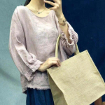 Johnature Autumn Vintage Mori &uuml;hev&auml;rvilised tutid vintage linasest naiste topid vabaaja kaelusega Batwing lahtised s&auml;rgid One Size roosa