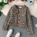 Uus s&uuml;gistalvine vintage tviidjakk-mantel Naistele V&auml;ikese l&otilde;hnaga lapiv&auml;rk Korea villased k&auml;rbitud mantlid Elegantsed l&uuml;hikesed &uuml;ler&otilde;ivad M khaki