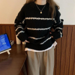 Harajuku Lazy Wind Jaapani kampsun Naiste s&uuml;gis-talv uus avar Korea triibuga kampsun kontrastses v&auml;rvis pikkade varrukatega pullover One Size must