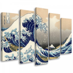 Viieosalise pildiga l&otilde;uenditr&uuml;kk Hokusai Great Wave of Kanagawa 100x70 sinine