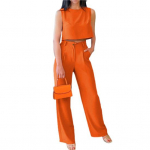 2 tk/komplekt O-kaelusega varrukateta k&otilde;rge v&ouml;&ouml;kohaga vabaaja riietus, &uuml;hev&auml;rviline l&uuml;hike vest, pikad p&uuml;ksid, naiste riided M