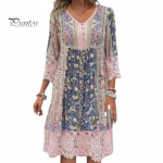 Naiste kleit, &otilde;&otilde;nsad pitsid, lillemustriga kolmveerandvarrukad V-kaelusega n&ouml;&ouml;bid, lahtised retro-boheemlas stiilis p&otilde;lvini ulatuv Midi-kleit puhkusele XL roosa