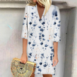 Suvekleidid naistele Moodne vabaaja tr&uuml;kitud vaba V-kaelusega 3/4 varrukatega kleit L sinine