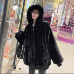 Korea imitatsiooniga rex k&uuml;&uuml;liku karusnahast mantlid naistele, talvine soe pikk paksendatud kapuutsiga lambavillane ka&scaron;miirmantel XL must