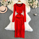 Mood Vanaaegne Kampsun Midi Kleit 2024 S&uuml;gis Talv Uus Seksikas L&otilde;hikuga Slim-fit Kootud Midi Pikk Kleit Naistele Kleit Elegantne One Size punane