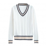 Unisex kampsun V-kaelusega pikkade varrukatega Paarid Koolivormid Lahti istuv v&auml;rvi blokeeriv disain Keeruline tekstuur Preppy stiilis kudumistopsid L valge