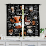 2tk 3D-kohviillustratsioon kohvikardinapuu tasku must k&auml;sitsi maalitud kohvielement, tr&uuml;kitud valgust filtreeriv k&ouml;&ouml;gikardin 2x68W165H(CM)&Rod Pocket