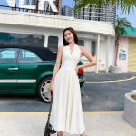 Valge elegantne p&auml;itsetega kleit naistele Seksikas seljata Korea pidulik midikleit Naistele m&otilde;eldud varrukateta V-kaelusega vintage kleidid naistele S