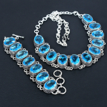 Kaunis Sinine Topaas Kivi K&auml;sit&ouml;&ouml; 925 Sterling H&otilde;be Ehted Sinine Topaas Kaelakee K&auml;ev&otilde;ru Komplekt, Antiikne Ehtekomplekt, K&auml;ev&otilde;ru Emale Kingituseks 20" sinine