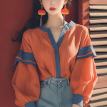 Vintage satiinist naiste pluusid Kevad/Suvi Patchwork naiste s&auml;rgid L&otilde;dvad moekad pikad varrukad Topid Korea riided S oranž