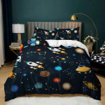 Kosmoselaeva tekikate poistele Laste astronoomia voodipesukomplekt Mikrofiiber Kosmoseruumis seiklus V&auml;rviline kosmoselaev Kuninglik tekikate AU Single 140x210cm