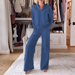 Naiste vabaaja V-kaelusega pikkade varrukatega lahtised p&uuml;ksid, kaheosaline komplekt S sinine