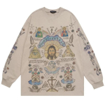 DRIPX Meeste Retro Streetwear T-s&auml;rk Jumalate Graafiline Hip Hop T-s&auml;rk Rist Casual T-s&auml;rk Pikkade varrukatega Puuvillased Topid T-s&auml;rgid Unisex Hipster Beež XL beige