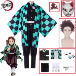Anime Tanjirou Kamado Cosplay Demon Slayers Kimetsu no Yaiba Cosplay Kost&uuml;&uuml;m Parukas Mask Kimono Keep halloween &Uuml;htne T&auml;iskasvanud Lapsed Kids 140 sinine