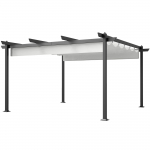 Gazebo pergola 4x4 m v&auml;ljat&otilde;mmatava katuse, 8 kruvi ja 8 vaiaga alumiiniumist, pol&uuml;estrist ja metallist, valge 390 x 390 x 223 cm