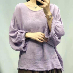 Johnature Autumn Vintage Mori &uuml;hev&auml;rvilised tutid vintage linasest naiste topid vabaaja kaelusega Batwing lahtised s&auml;rgid One Size lilla