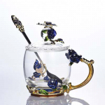 Kuumuskindel klaasist tass Rose emailiga kohvitass kruus Lilletee klaasisulamist k&auml;epideme tass lusika ja kaanega 320ML sinine