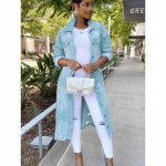 Naiste pikkade varrukatega rev&auml;&auml;riga Denim-pikk mantel Ripitud teksajakk L helesinine v&auml;rv