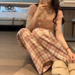 Naiste roosad p&uuml;ksid kevad-s&uuml;gis Vintage ruuduline k&otilde;rge v&ouml;&ouml;kohaga p&uuml;ksid, naine, elegantsed p&uuml;ksid, meeste t&otilde;mblukk, sirged p&uuml;ksid S