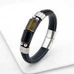 Lucky Board Retro Ehted Naturaalne Tiger Eye Stone meeste roostevabast terasest k&auml;ev&otilde;ru v&otilde;lu Klassikaline must nahast k&ouml;iega k&auml;ev&otilde;ru 23cm must