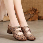 Retro k&otilde;rge kontsaga sussid etnilises stiilis &otilde;&otilde;nsa tr&uuml;kkimine, pehme nahk, mood naiste sandaalid kevad ja suvi 35 beež