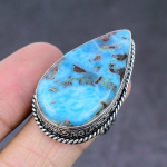 Looduslik Kariibi mere larimar k&auml;sitsi valmistatud 925 sterlingh&otilde;be s&otilde;rmus suurus 8.5 Z1w44