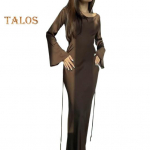 Kevadine naiste kleit &Uuml;hev&auml;rviline &uuml;mara kaelusega pikkade sarvvarrukatega satiinist p&otilde;randapikkus, kitsas v&ouml;&ouml;koht Pehme hingav &otilde;htukleit ballipeokleit M pruun