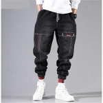 T&auml;navar&otilde;ivad Hip Hop Cargo P&uuml;ksid Meeste Teksad Elastsed Baggy Harem P&uuml;ksid Meeste Sport Joggers Korea Mood Pahkluu Rihmaga Denim XXL must