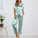 Naiste siidist &uuml;hev&auml;rviline pidžaamakomplekt l&uuml;hikeste varrukatega s&auml;rgi ja pikkade pidžaamap&uuml;kste komplekt, pehme pidžaama puhkeriided M kollane