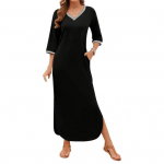 Naiste maksikleit k&uuml;ljetaskutega, V-kaelus, 45355, varrukad, l&otilde;hiku all&auml;&auml;r L must