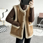 Kahepoolne vest naiste vintage lambanahast karusnahast vest P&ouml;&ouml;ratav vest s&uuml;gistalvine pruun vest XL khaki